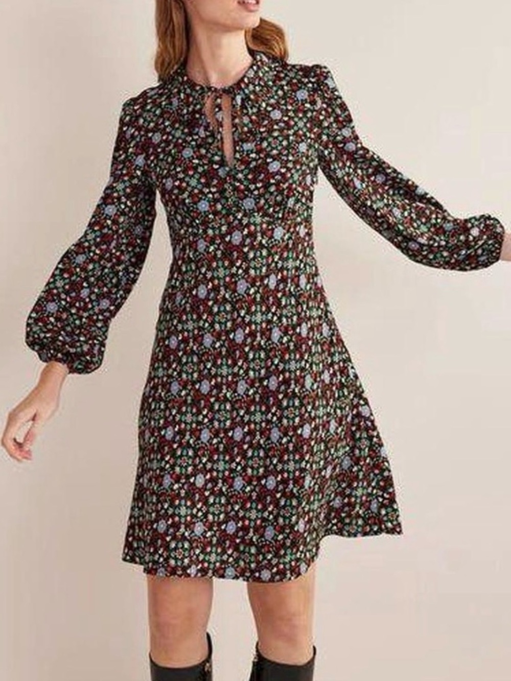 Boden Tie Neck Shirt Dress Black Gardenia Swirl pattern NEW Size 12 Ditsy Floral